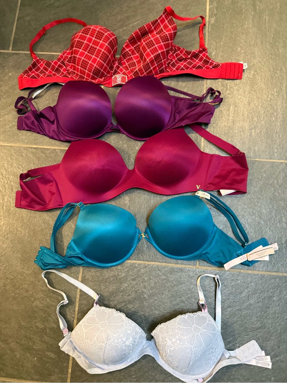 Victoria's Secret Mixed Color Bra Set — Red Plaid, Purple, Magenta, Teal & White